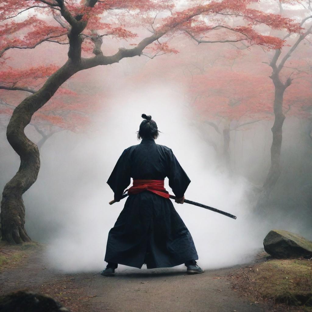 A dynamic scene of a samurai summoning a magnificent Bankai ritual in a traditional Japanese landscape, with a surreal aura of energy.