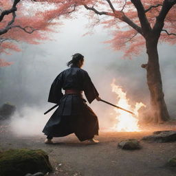 A dynamic scene of a samurai summoning a magnificent Bankai ritual in a traditional Japanese landscape, with a surreal aura of energy.