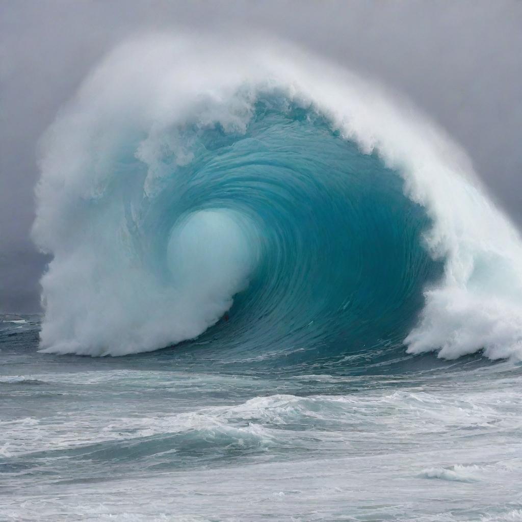 A surreal scene of a gravity-defying phenomenon, where an ocean's wave freezes in a curved shape as it begins to break