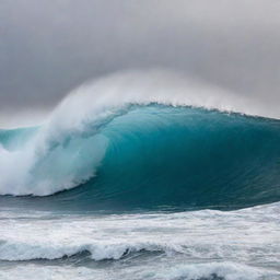 A surreal scene of a gravity-defying phenomenon, where an ocean's wave freezes in a curved shape as it begins to break