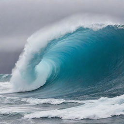 A surreal scene of a gravity-defying phenomenon, where an ocean's wave freezes in a curved shape as it begins to break