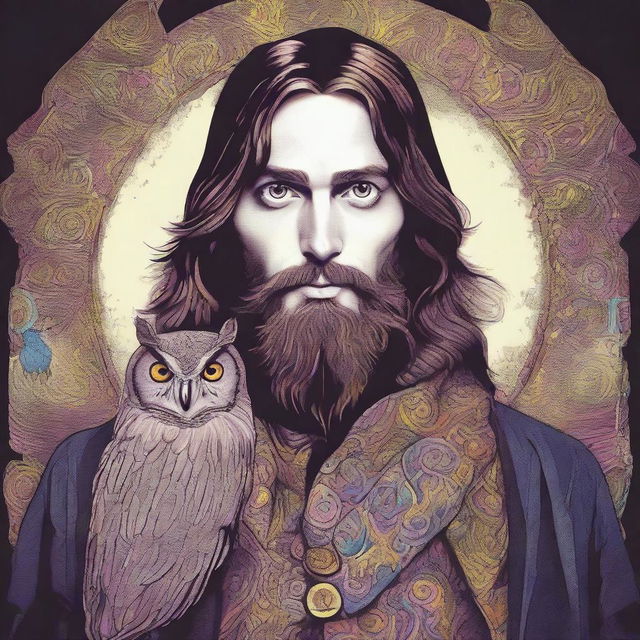 A psychedelic portrait of a young human wizard with a wary look in his eyes