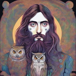 A psychedelic portrait of a young human wizard with a wary look in his eyes