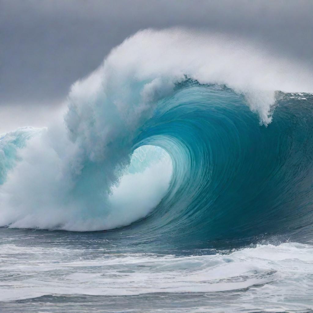 A surreal scene of a gravity-defying phenomenon, where an ocean's wave freezes in a curved shape as it begins to break