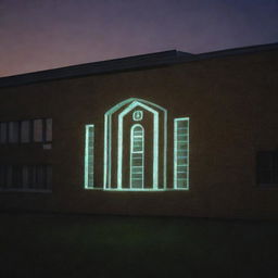 A glowing logo of a school building.