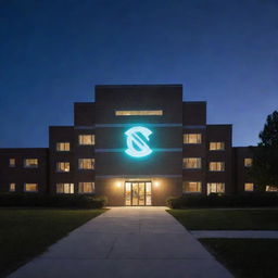 A glowing logo of a school building.