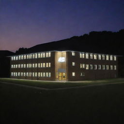 A glowing logo of a school building.