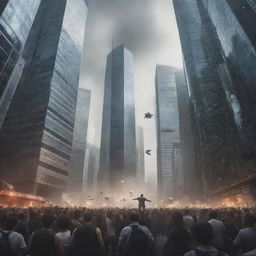 Illustrate a dramatic scene of towering titans invading the modern world, causing chaos amidst skyscrapers, with people fleeing in fear.