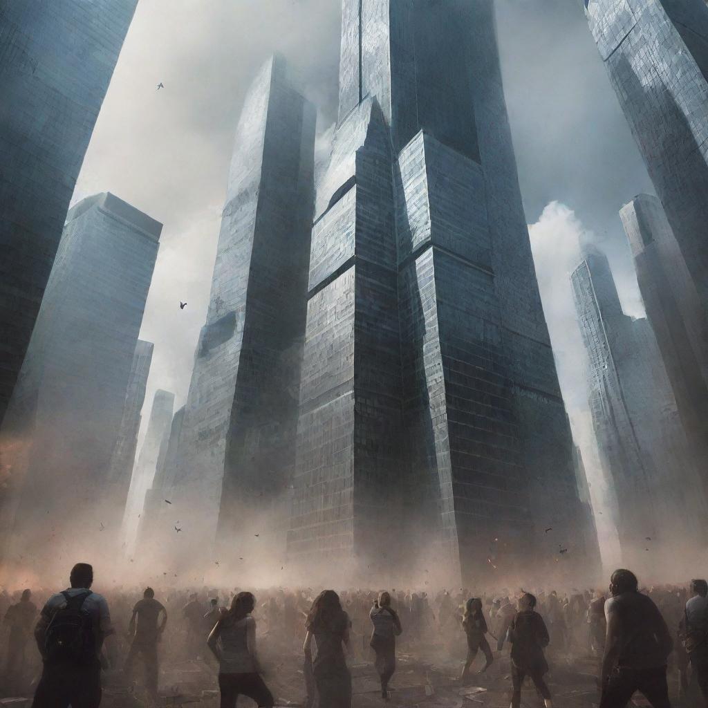 Illustrate a dramatic scene of towering titans invading the modern world, causing chaos amidst skyscrapers, with people fleeing in fear.