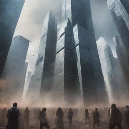 Illustrate a dramatic scene of towering titans invading the modern world, causing chaos amidst skyscrapers, with people fleeing in fear.