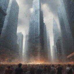 Illustrate a dramatic scene of towering titans invading the modern world, causing chaos amidst skyscrapers, with people fleeing in fear.