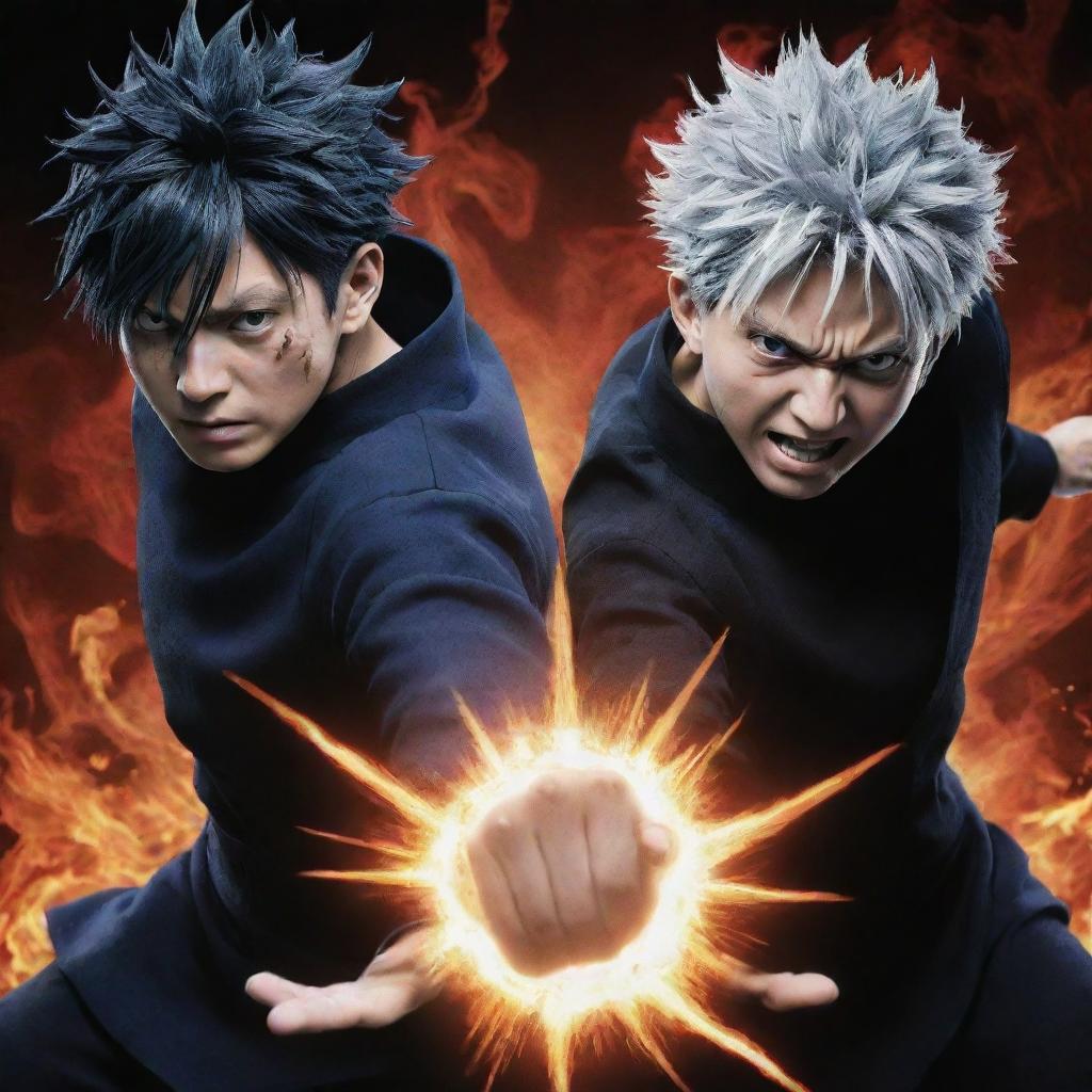 Create an intense image of Gojo Satoru and Sukuna, two characters from Jujutsu Kaisen, locked in a fierce battle, showcasing their unique powers and charisma.