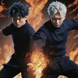 Create an intense image of Gojo Satoru and Sukuna, two characters from Jujutsu Kaisen, locked in a fierce battle, showcasing their unique powers and charisma.