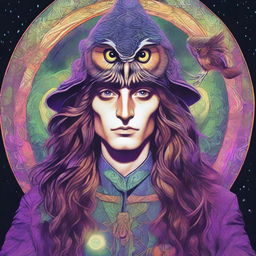 A psychedelic portrait of a young human wizard who specializes in divination