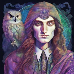 A psychedelic portrait of a young human wizard who specializes in divination