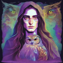 A psychedelic portrait of a young human wizard who specializes in divination