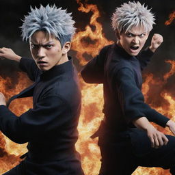 Create an intense image of Gojo Satoru and Sukuna, two characters from Jujutsu Kaisen, locked in a fierce battle, showcasing their unique powers and charisma.