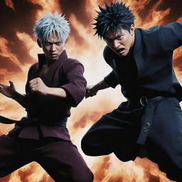 Create an intense image of Gojo Satoru and Sukuna, two characters from Jujutsu Kaisen, locked in a fierce battle, showcasing their unique powers and charisma.