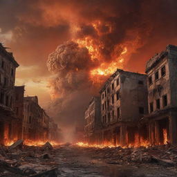 Depict a dramatic apocalyptic scene illustrating the end of the world, with fiery skies, crumbling buildings, and chaotic nature elements.