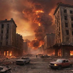 Depict a dramatic apocalyptic scene illustrating the end of the world, with fiery skies, crumbling buildings, and chaotic nature elements.