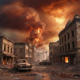 Depict a dramatic apocalyptic scene illustrating the end of the world, with fiery skies, crumbling buildings, and chaotic nature elements.