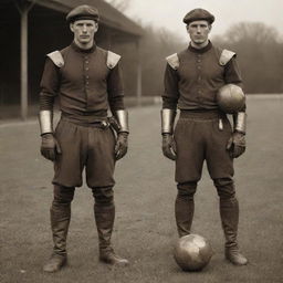 Steampunk-style soccer players wearing Victorian-era football gear, brass shin guards, leather boots, carrying a dilapidated leather ball and clad in sepia-toned uniforms