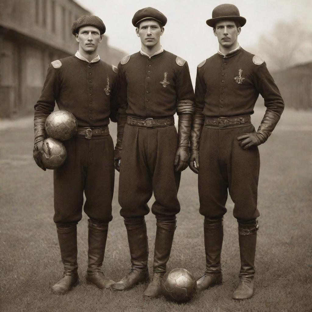 Steampunk-style soccer players wearing Victorian-era football gear, brass shin guards, leather boots, carrying a dilapidated leather ball and clad in sepia-toned uniforms