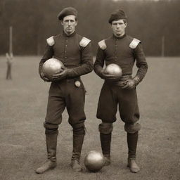 Steampunk-style soccer players wearing Victorian-era football gear, brass shin guards, leather boots, carrying a dilapidated leather ball and clad in sepia-toned uniforms