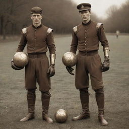 Steampunk-style soccer players wearing Victorian-era football gear, brass shin guards, leather boots, carrying a dilapidated leather ball and clad in sepia-toned uniforms