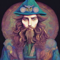 A psychedelic portrait of a young human wizard who specializes in divination