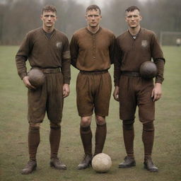 Dieselpunk-style soccer players in rugged, old-world uniforms, leather boots, and carrying a worn-out leather ball: a tribute to the diesel-based interwar period