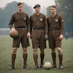 Dieselpunk-style soccer players in rugged, old-world uniforms, leather boots, and carrying a worn-out leather ball: a tribute to the diesel-based interwar period