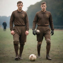 Dieselpunk-style soccer players in rugged, old-world uniforms, leather boots, and carrying a worn-out leather ball: a tribute to the diesel-based interwar period