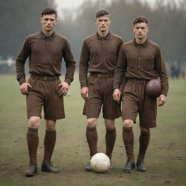 Dieselpunk-style soccer players in rugged, old-world uniforms, leather boots, and carrying a worn-out leather ball: a tribute to the diesel-based interwar period