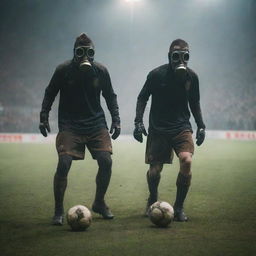 Gaspunk-style soccer players, dressed in rugged, industrial uniforms, gas masks, leather boots, and playing with a worn-out leather ball under the haze of gas-lit stadium lights