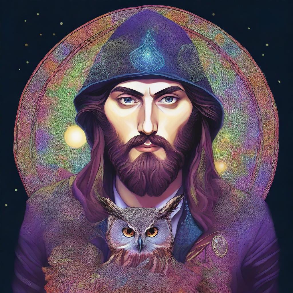 A psychedelic portrait of a young human wizard who specializes in divination