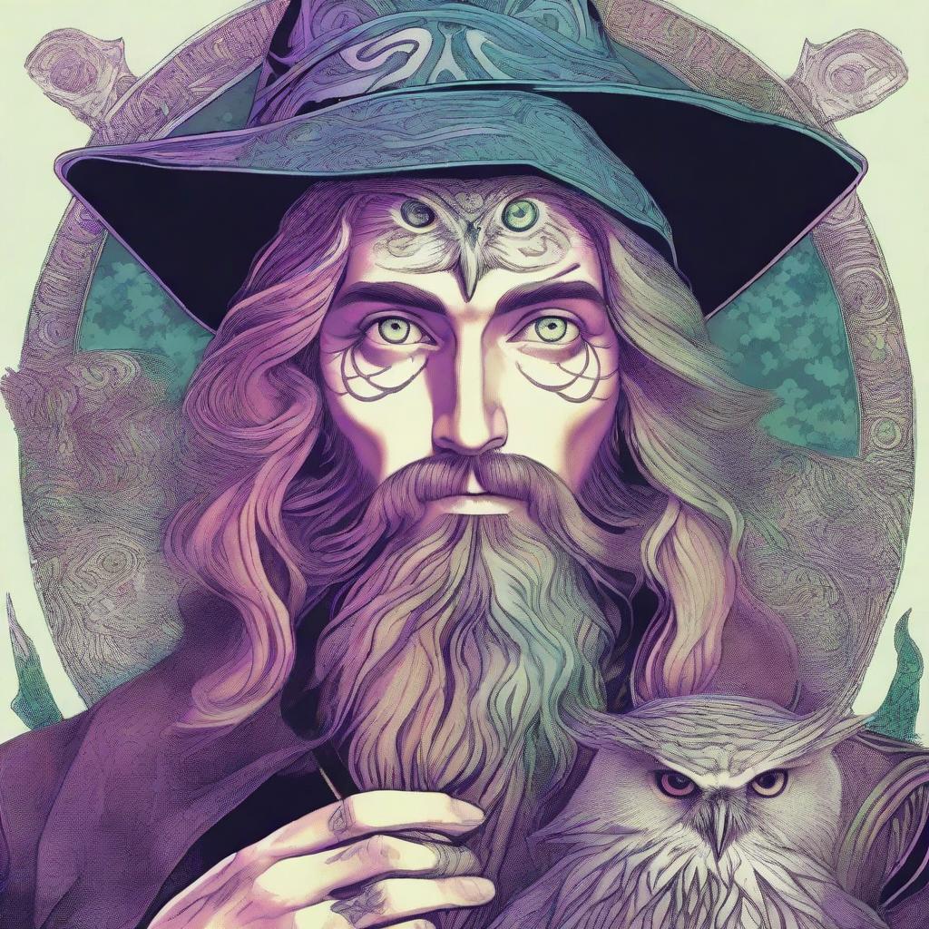 A psychedelic portrait of a young human wizard who specializes in divination