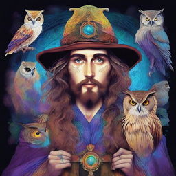 A psychedelic portrait of a young human wizard who specializes in divination