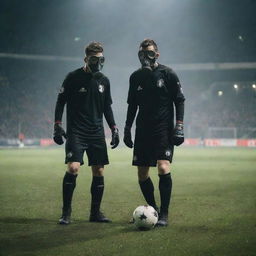 Gaspunk-style soccer players, dressed in rugged, industrial uniforms, gas masks, leather boots, and playing with a worn-out leather ball under the haze of gas-lit stadium lights