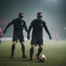 Gaspunk-style soccer players, dressed in rugged, industrial uniforms, gas masks, leather boots, and playing with a worn-out leather ball under the haze of gas-lit stadium lights