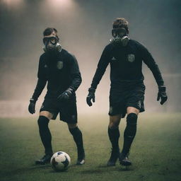 Gaspunk-style soccer players, dressed in rugged, industrial uniforms, gas masks, leather boots, and playing with a worn-out leather ball under the haze of gas-lit stadium lights