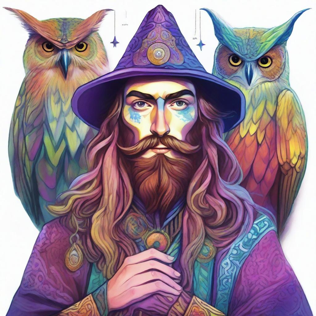 A colorful psychedelic portrait of a young human wizard who specializes in divination