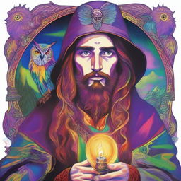 A colorful psychedelic portrait of a young human wizard who specializes in divination