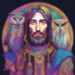 A colorful psychedelic portrait of a young human wizard who specializes in divination