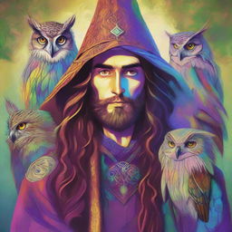 A colorful psychedelic portrait of a young human wizard who specializes in divination