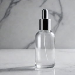 A high-quality, transparent glass serum bottle, reflecting a soft light, with a silver dropper resting on a marble countertop.