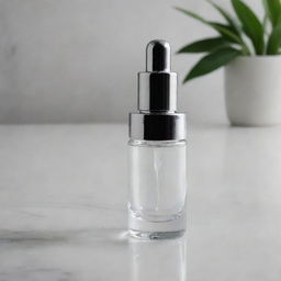 A high-quality, transparent glass serum bottle, reflecting a soft light, with a silver dropper resting on a marble countertop.