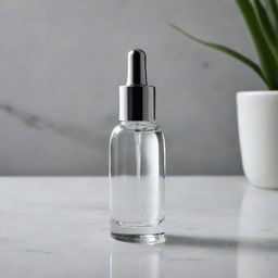 A high-quality, transparent glass serum bottle, reflecting a soft light, with a silver dropper resting on a marble countertop.