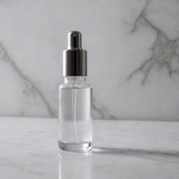 A high-quality, transparent glass serum bottle, reflecting a soft light, with a silver dropper resting on a marble countertop.