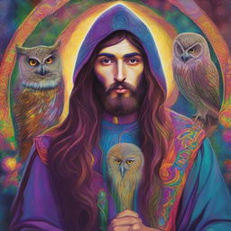 Create a vibrant and colorful psychedelic portrait of a young human wizard who specializes in divination